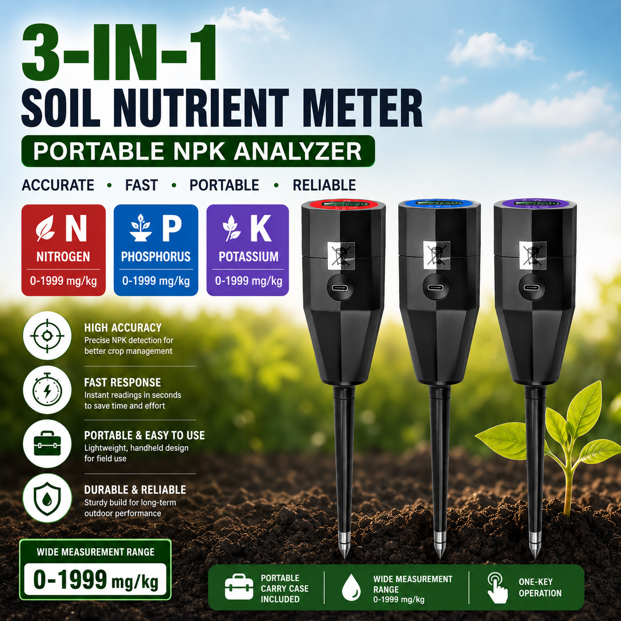 Digital NPK Soil Tester for Farming & Gardening | Portable Soil Nutrient Analyzer