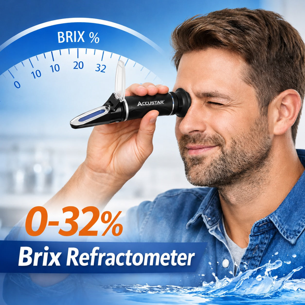 Accustar refractometer close-up showing prism and eyepiece