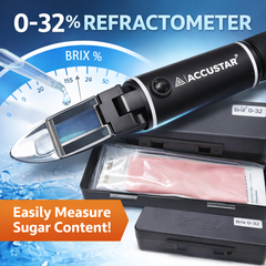 Accustar refractometer with case — instrument displayed alongside protective black case labeled “Brix 0–32.”