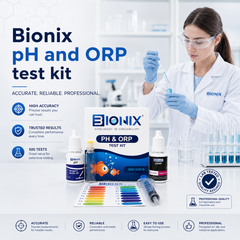 BIONIX pH and ORP Water Testing Kit with 500-test capacity, glass test tubes, and color comparison cards for tap and aquarium water analysis.