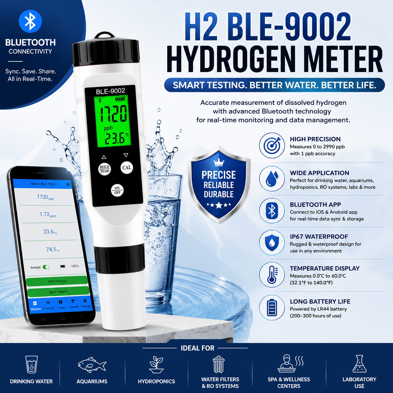 Portable H2 BLE-9002 Hydrogen Meter featuring Bluetooth connectivity and real-time water quality monitoring.