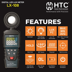 Professional using the HTC LX 108L portable lux meter for workplace lighting compliance testing.