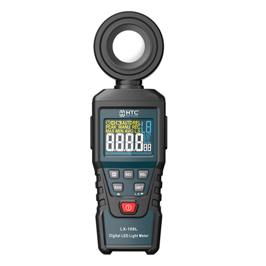 HTC LX 108L digital illuminance meter showing lux and foot-candle measurement units.