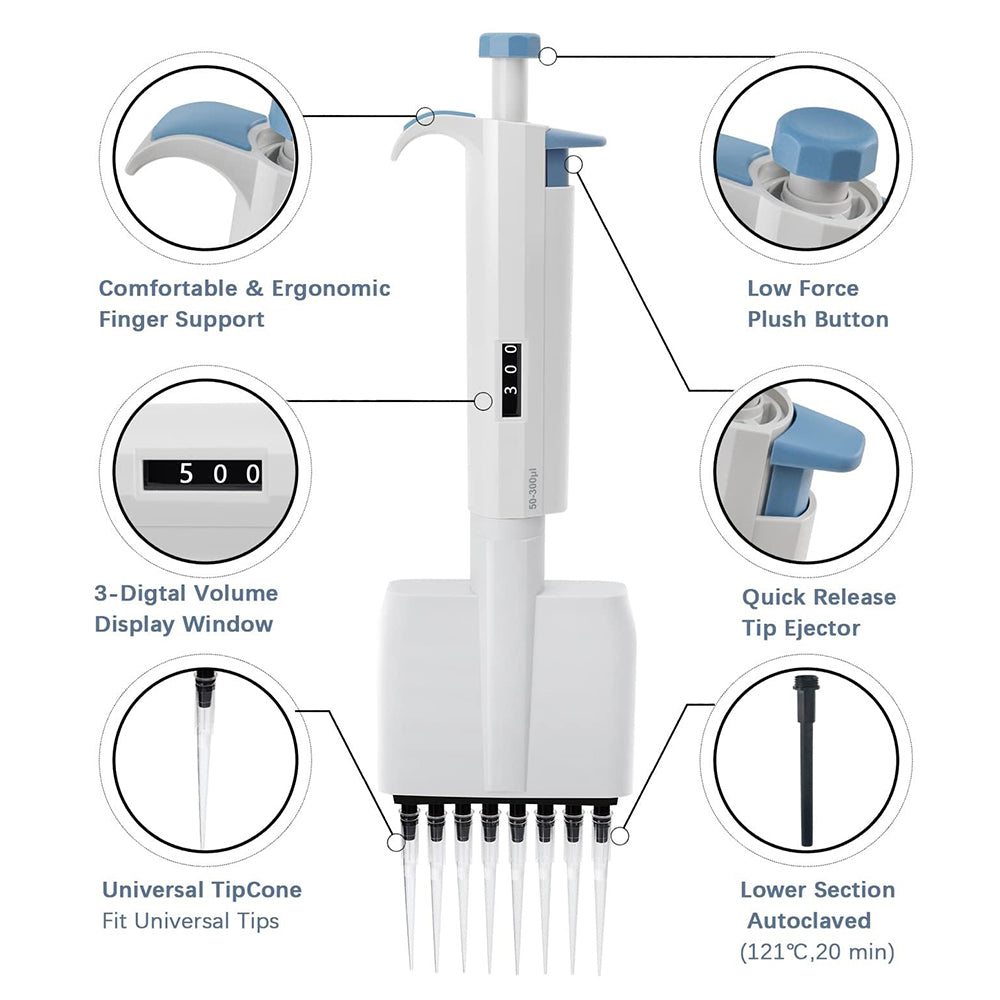 Set of laboratory pipettes including a multi-channel micropipette.