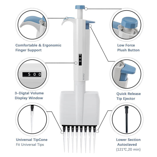 Set of laboratory pipettes including a multi-channel micropipette.