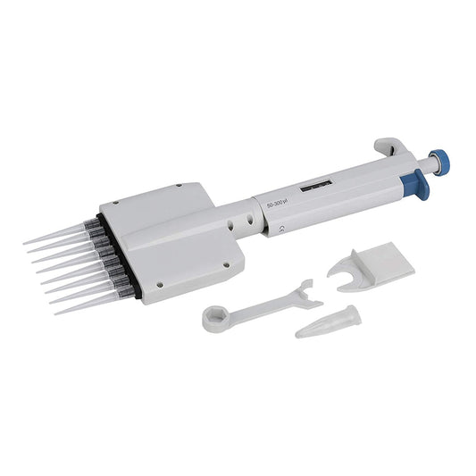 Close-up image of a multi-channel micropipette with multiple disposable tips