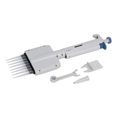 Close-up image of a multi-channel micropipette with multiple disposable tips