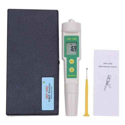 ORP Meter 169E handheld water quality tester with digital LCD display showing oxidation reduction potential reading in millivolts