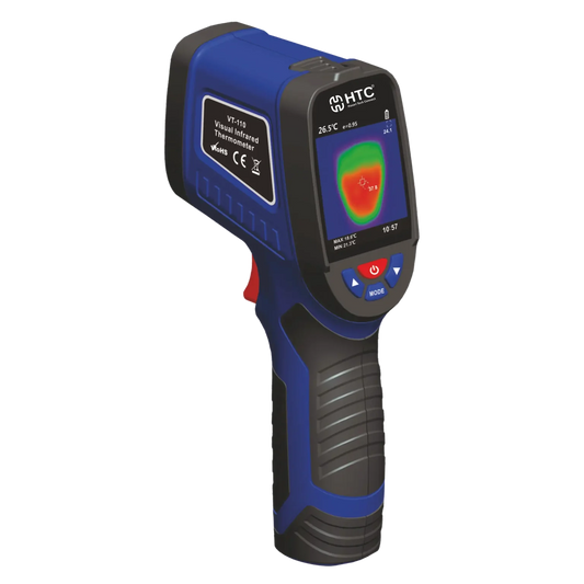 Professional engineer holding VT‑110 Thermal Imager in a futuristic workspace with glowing heat zones.