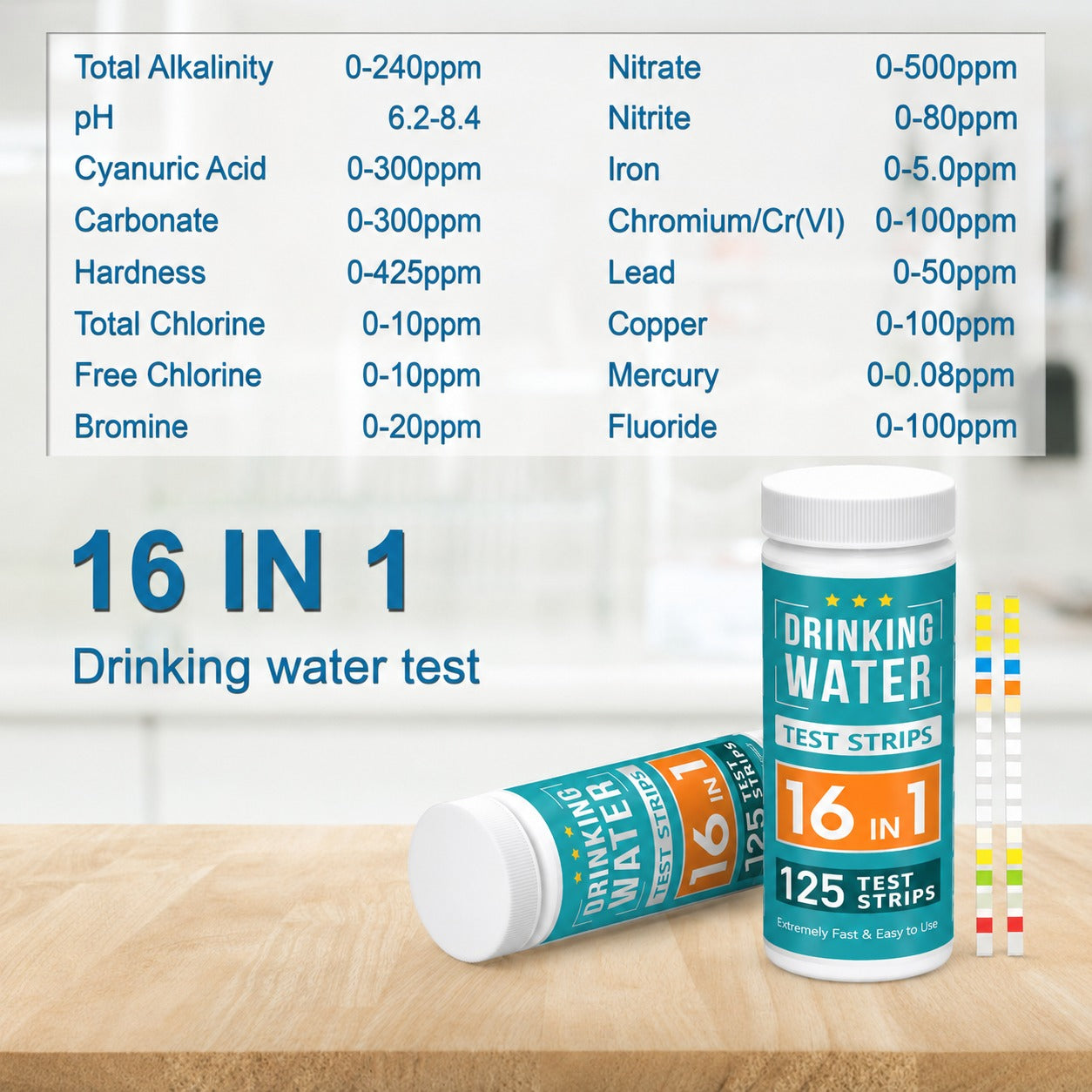 Comprehensive Water Test Kit — checks 16 parameters in one strip.