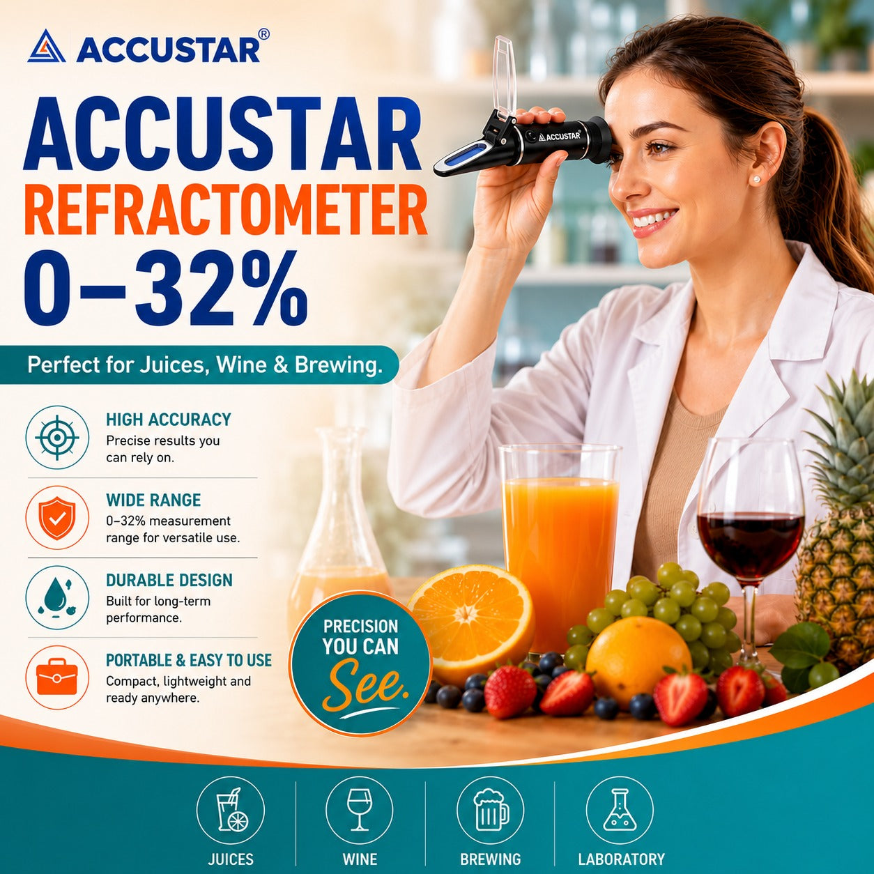 Accustar refractometer with case protective storage box labeled Brix scale