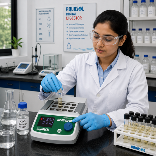 Laboratory technician placing COD vials into the 12-position Aquasol Digital COD Digester for digestion.