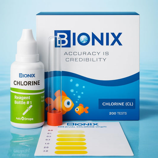 Swimming pool technician using the BIONIX chlorine test kit to check water sanitation levels with dropper and color card.