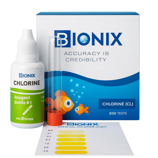 Product shot of the BIONIX Freshwater Chlorine Test Kit packaging showing ISO 9001:2015 certification and 200-test label.