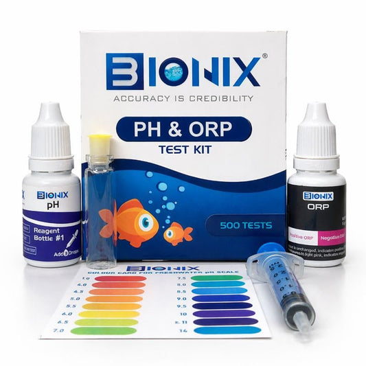 BIONIX pH & ORP test kit laid out with glass test tubes, reagent dropper bottles, and printed instruction manual in multiple languages.