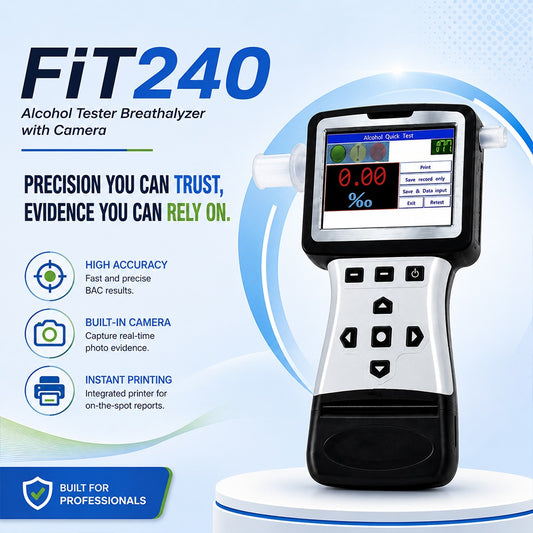 Product shot of the FiT240 breathalyzer featuring its graphic waveform animation, data memory screen, and compact ergonomic design.