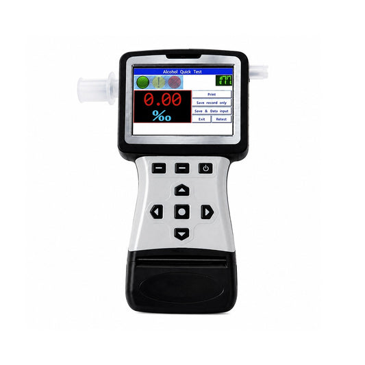 FiT240 breathalyzer in use at a workplace safety checkpoint, showing red-yellow-green alarm indicators and printed test results.