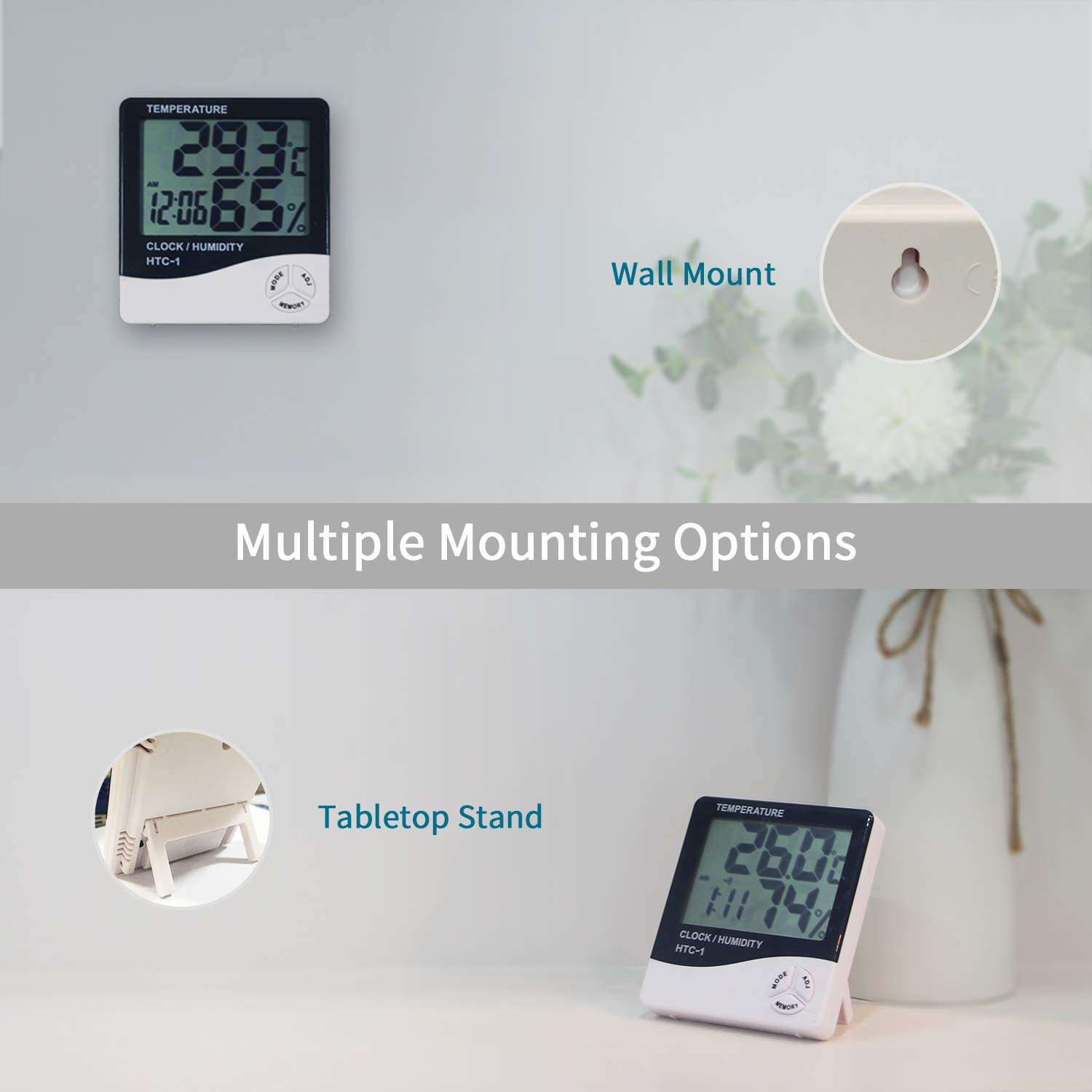 HTC 1 Hygrometer by Uniglobal Business displaying temperature and humidity