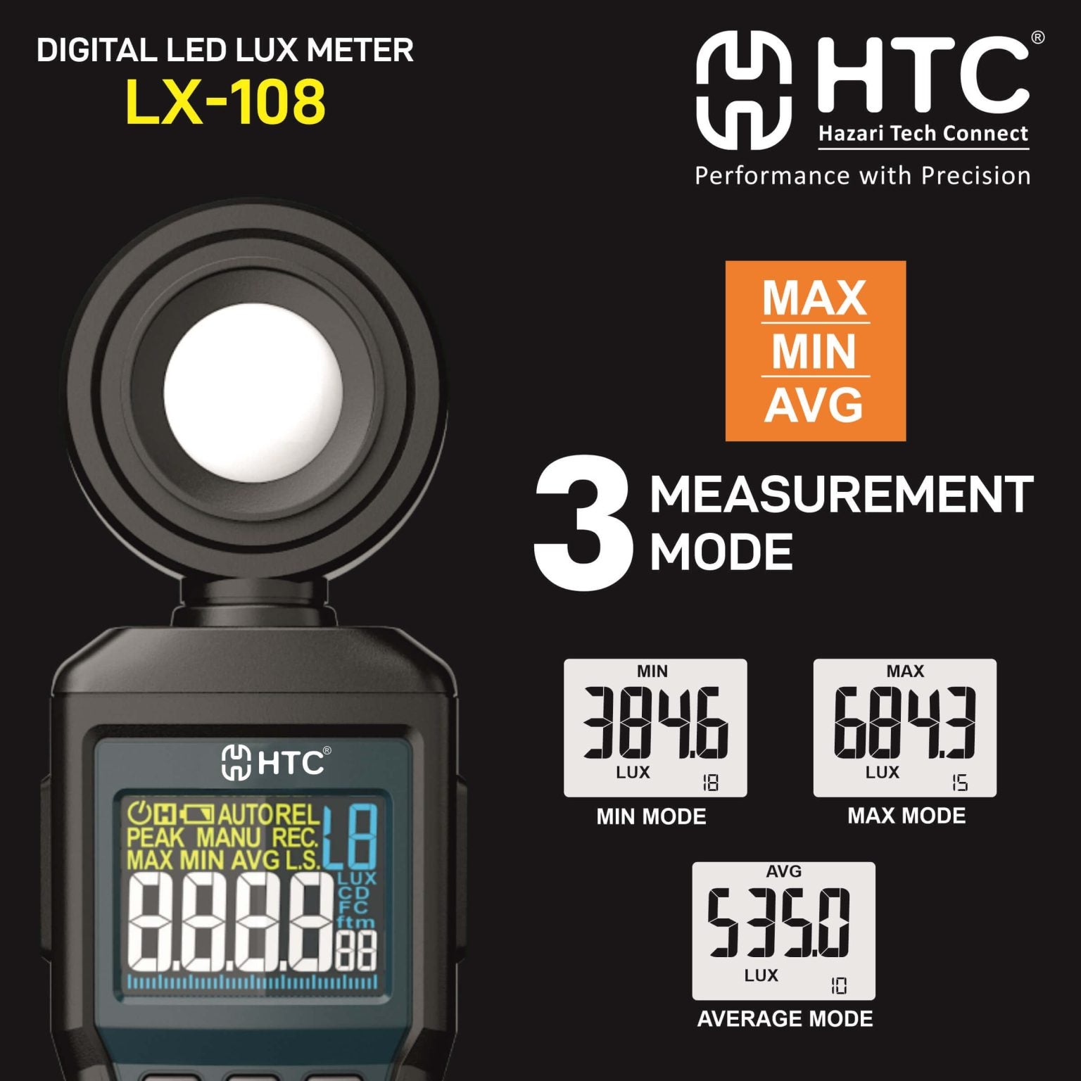 HTC LX 108L lux meter with detachable light sensor probe for flexible illumination measurement.