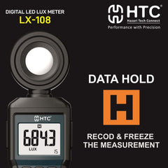 Product shot of the HTC LX 108L light meter featuring its backlit LCD and analog bar graph display.