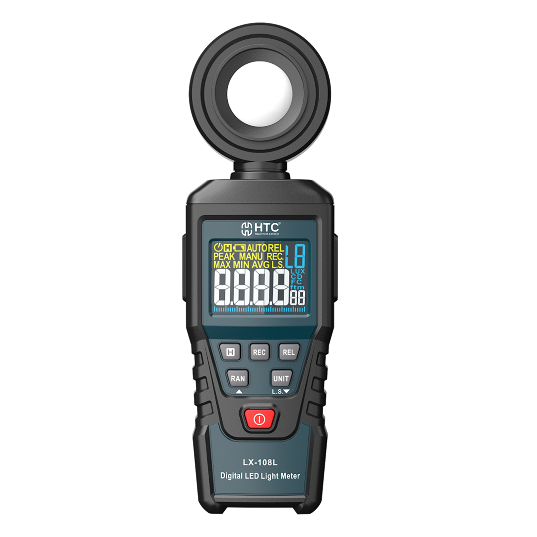 HTC LX 108L digital illuminance meter showing lux and foot-candle measurement units.