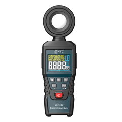HTC LX 108L digital illuminance meter showing lux and foot-candle measurement units.