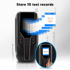 Alcohol tester screen close-up displaying percentage reading and battery icon.