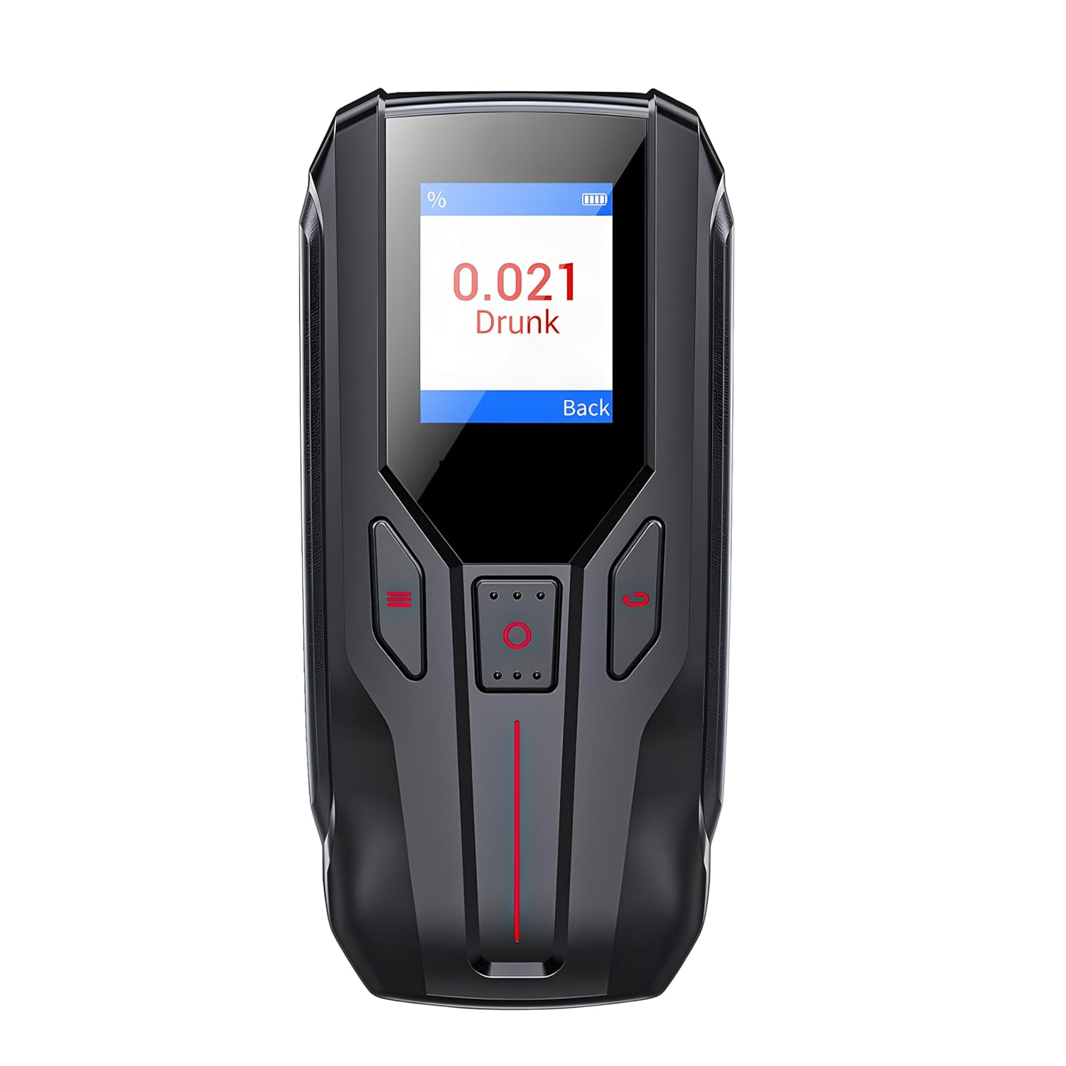 Portable breathalyzer with red accents and central circular control button.