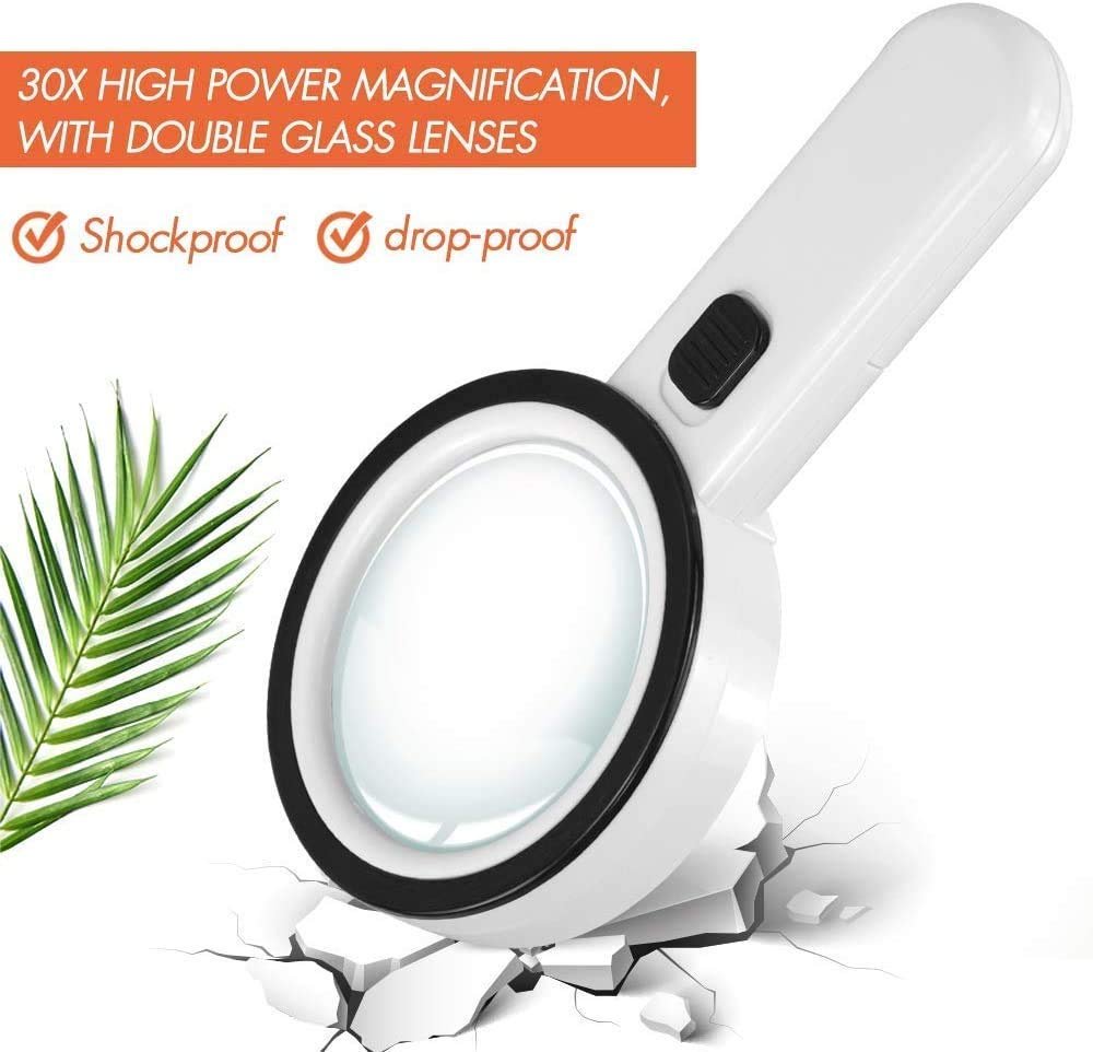 Magnifying Glass with Light, 30X Handheld Large Magnifying Glass 12 Led Illuminated Lighted Magnifier