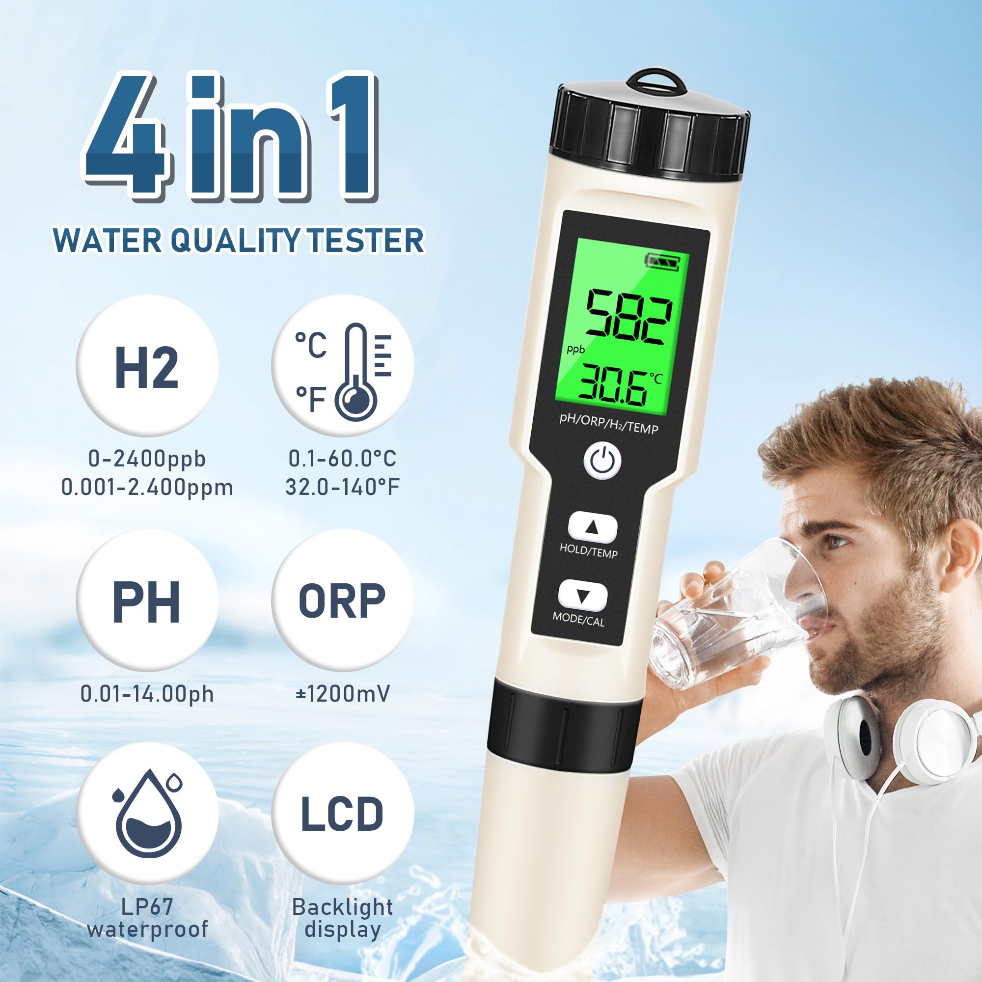 Portable device for analyzing H₂ saturation alongside pH and ORP in liquids