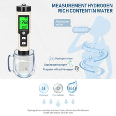 Digital hydrogen meter displaying H₂ concentration, ORP, and pH levels