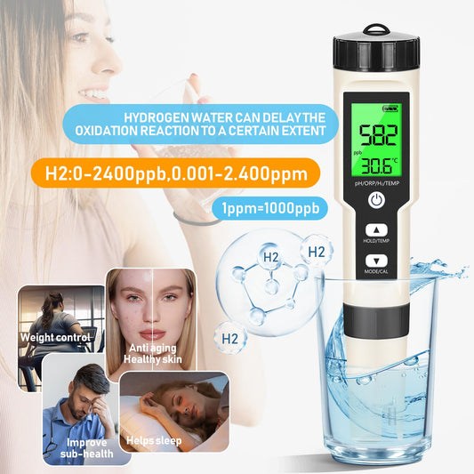 Close-up of multifunctional hydrogen meter showing digital readings for H₂, ORP, and pH