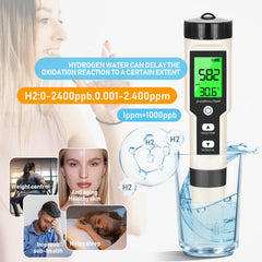 Close-up of multifunctional hydrogen meter showing digital readings for H₂, ORP, and pH