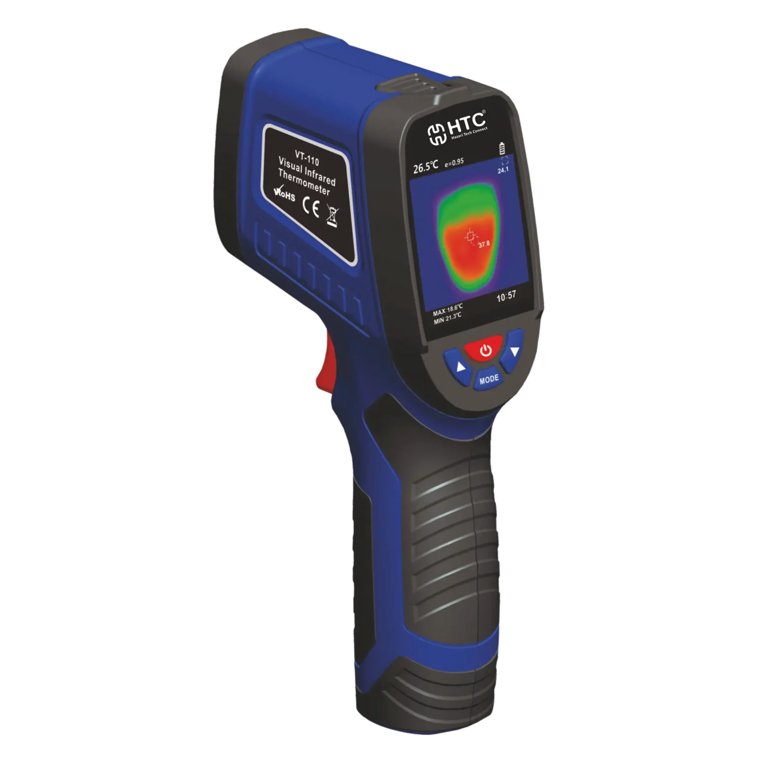Professional engineer holding VT‑110 Thermal Imager in a futuristic workspace with glowing heat zones.