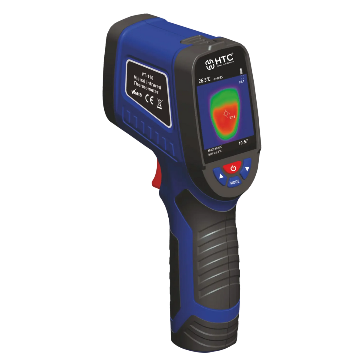 Professional engineer holding VT‑110 Thermal Imager in a futuristic workspace with glowing heat zones.
