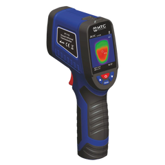 Professional engineer holding VT‑110 Thermal Imager in a futuristic workspace with glowing heat zones.
